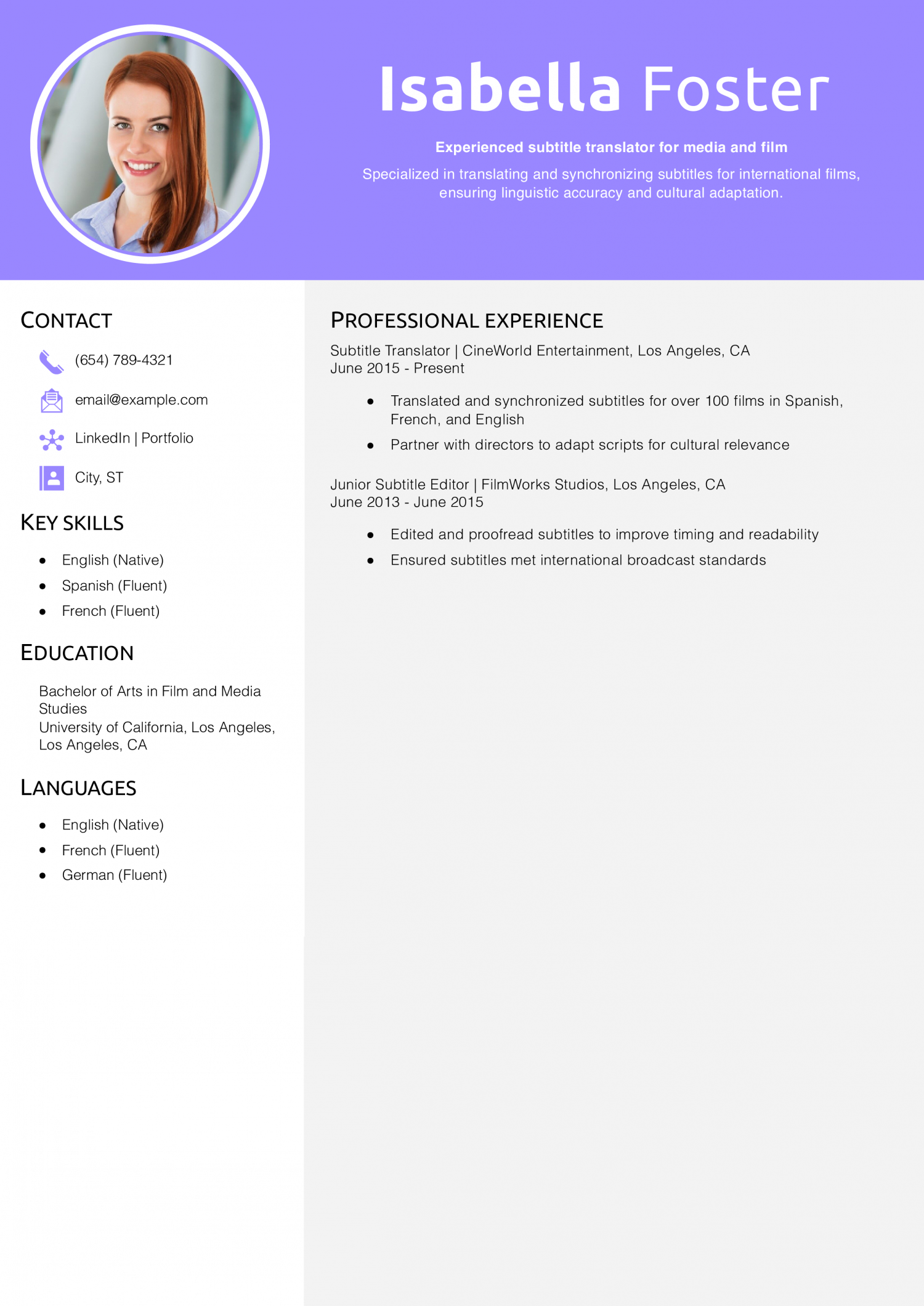Subtitle Translator Resume Example