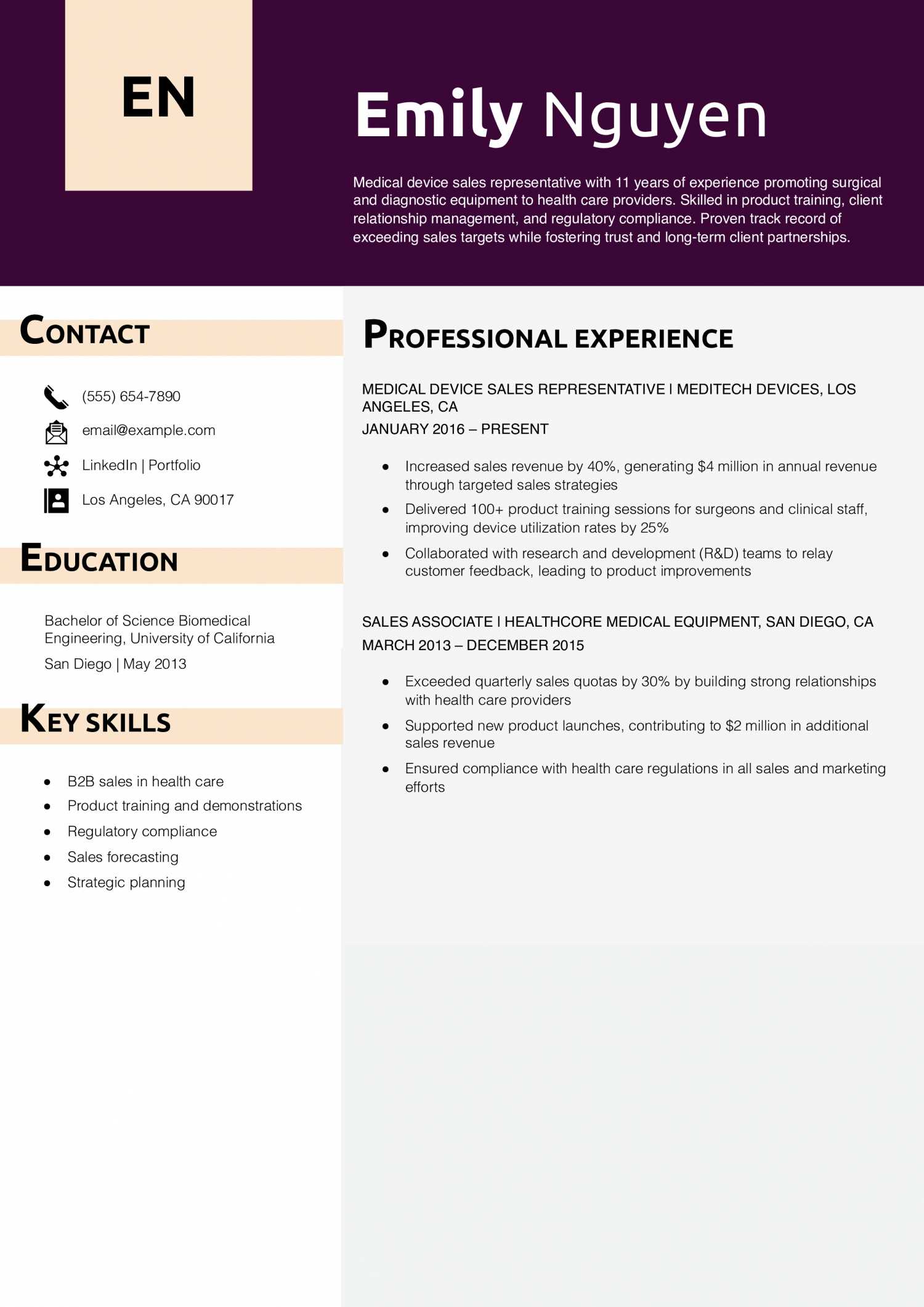 Medical Device Sales Representative Resume Example