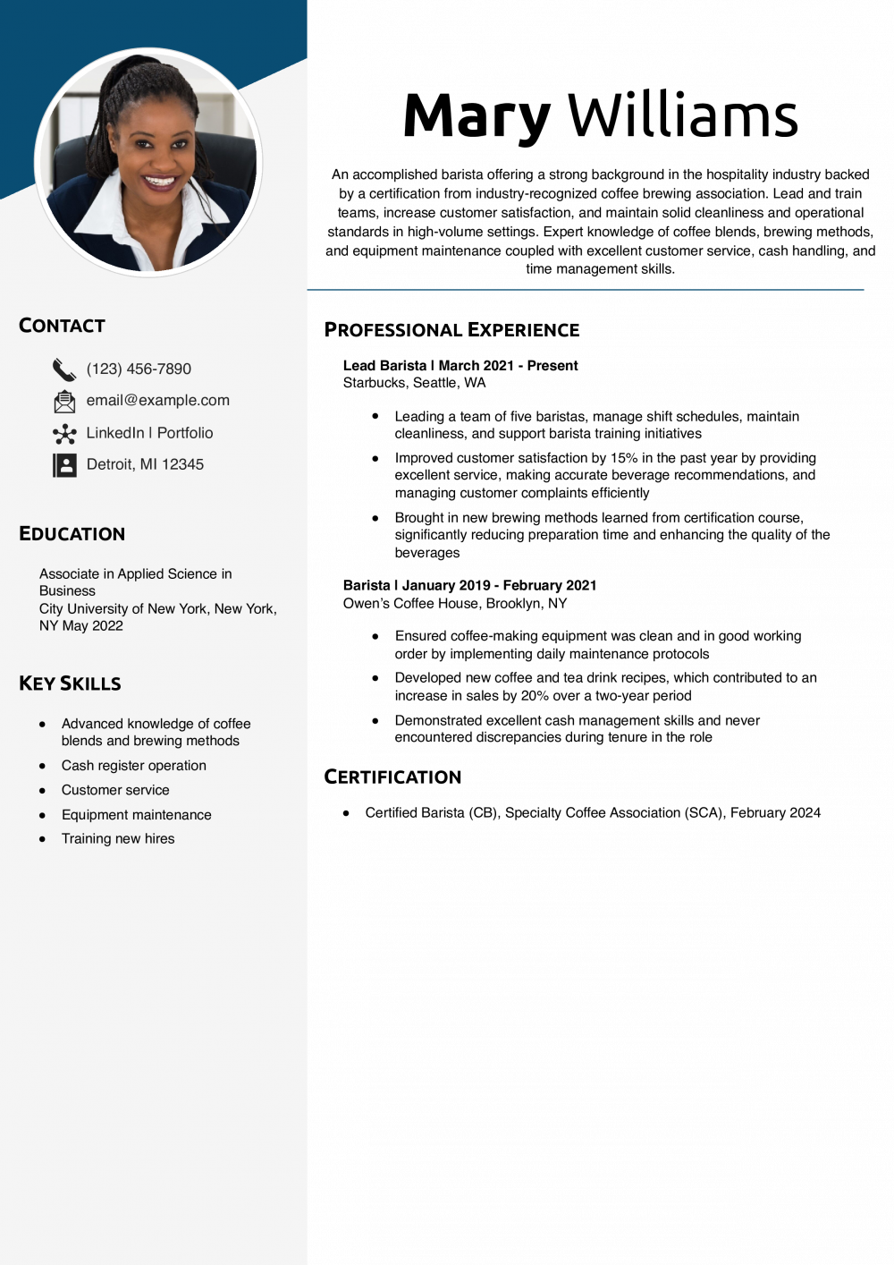 Mid-level Barista Resume Example