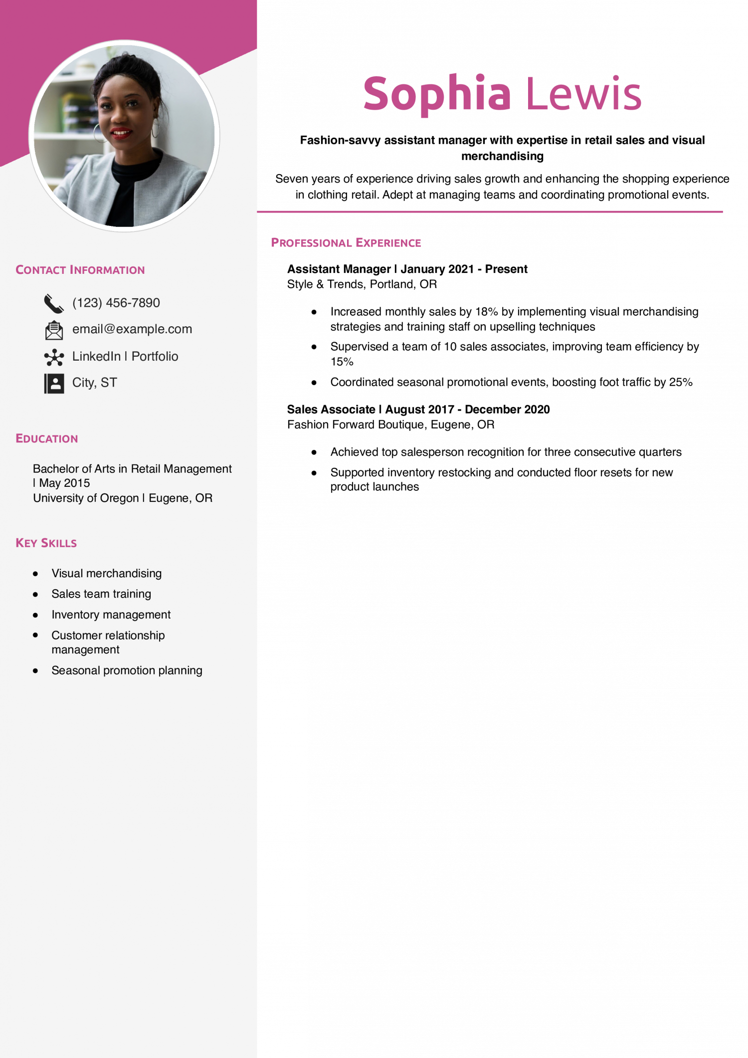 Clothing Store Assistant Manager Resume Example