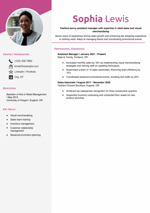 Clothing Store Assistant Manager Resume Example