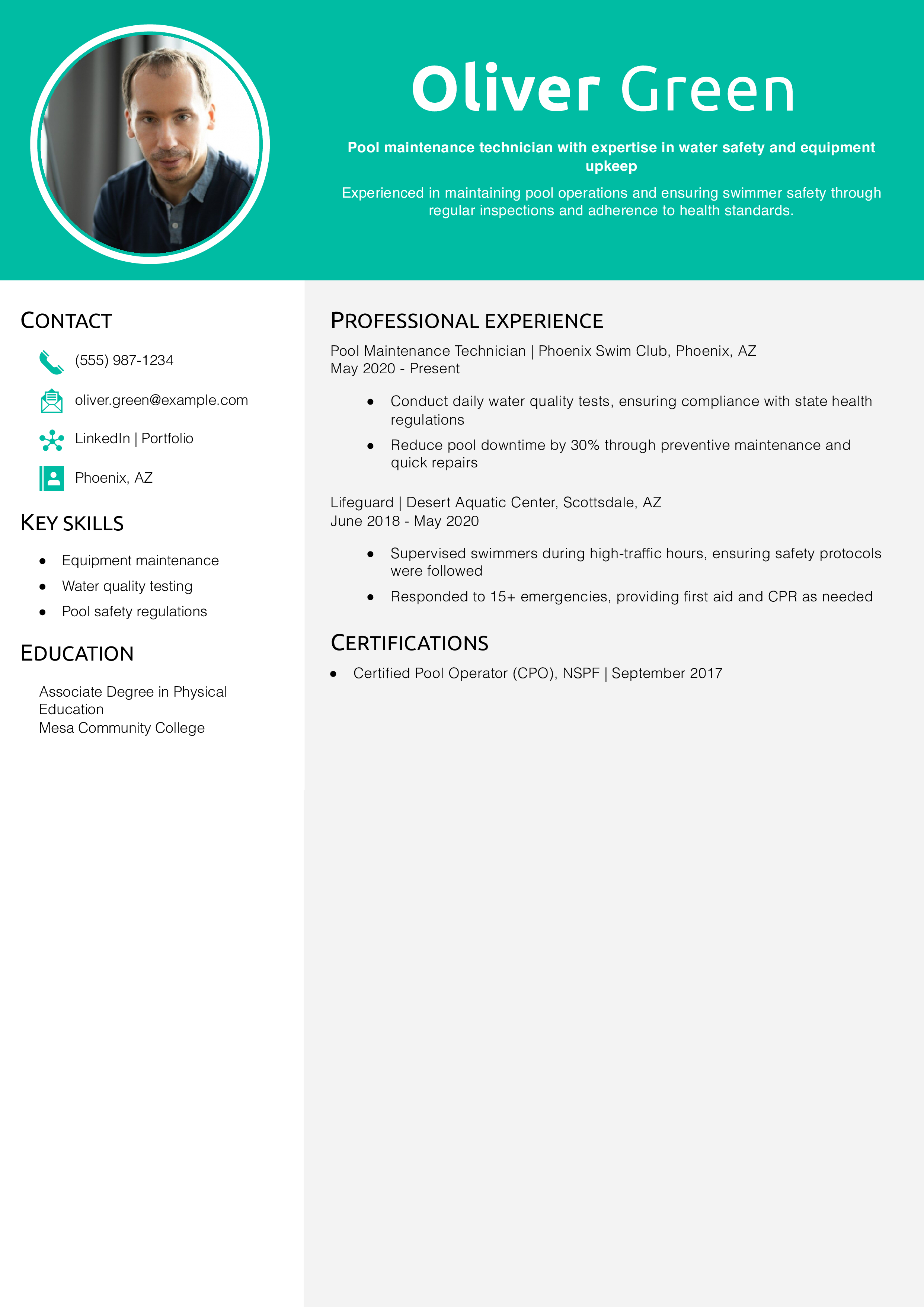 Pool Maintenance Technician Resume Example