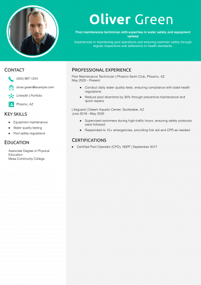 Pool Maintenance Technician Resume Example