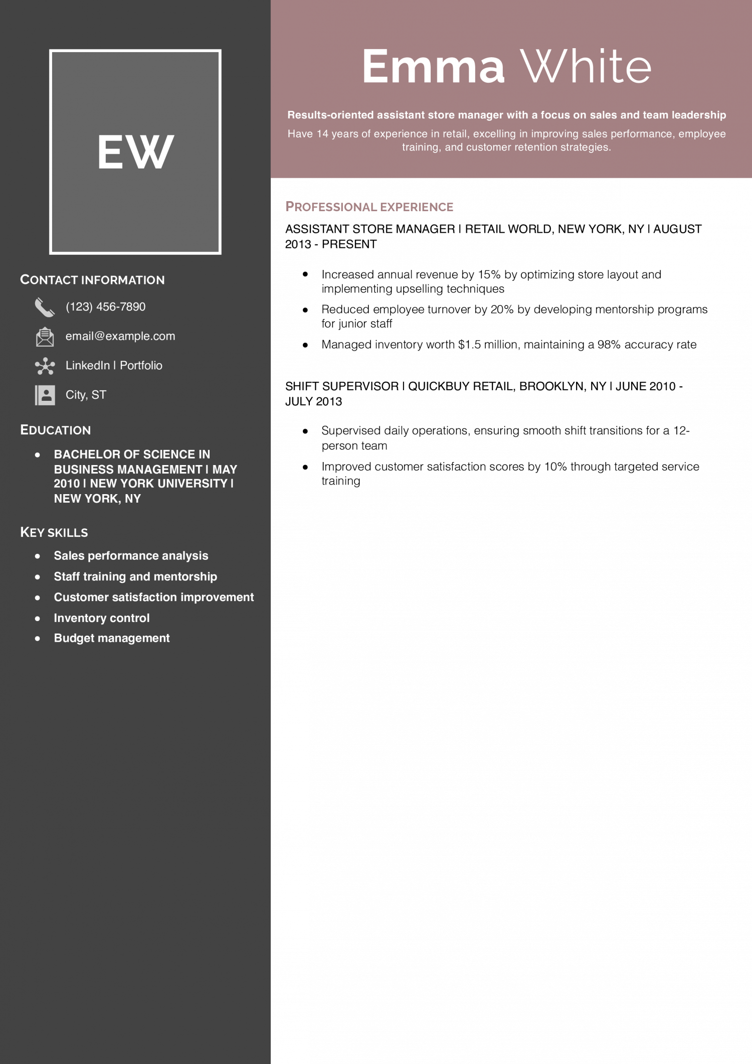 Retail Operations Assistant Store Manager Resume Example