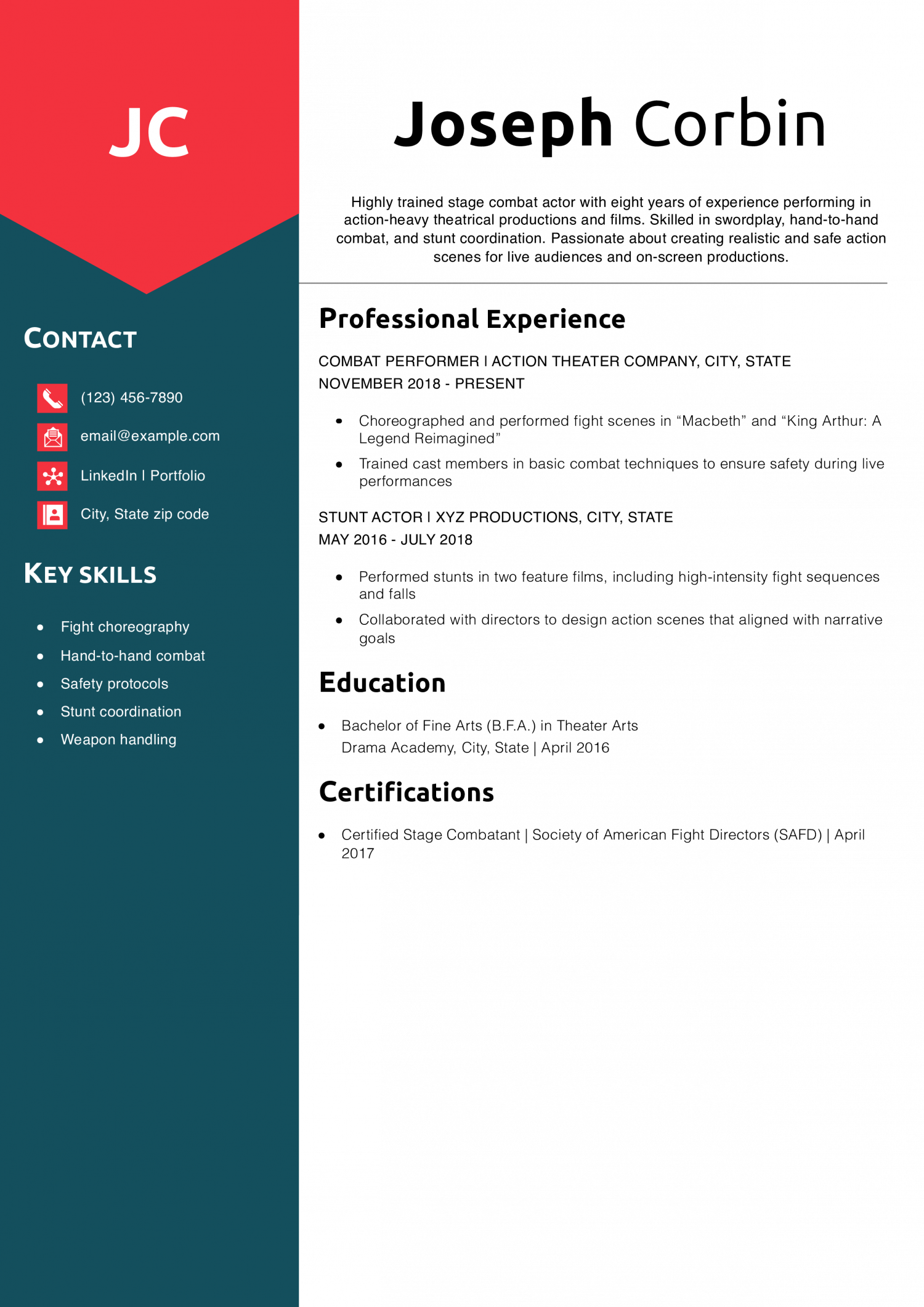 Stage Combat Actor Resume Example