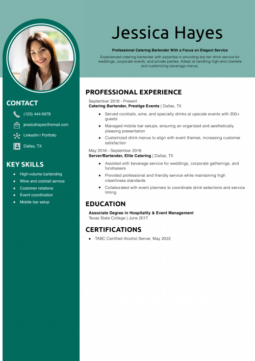 Catering Bartender Resume Example