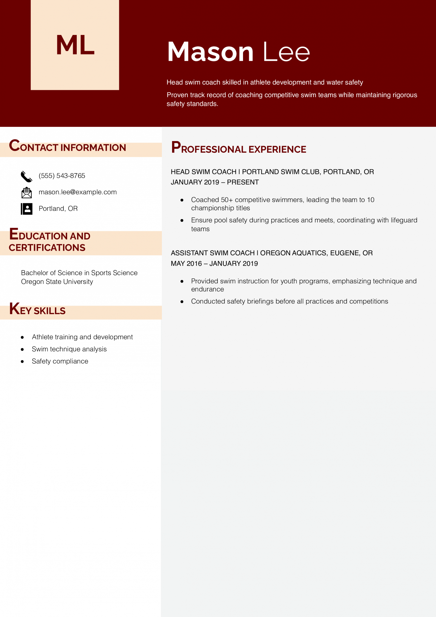 Head Swim Coach Resume Example