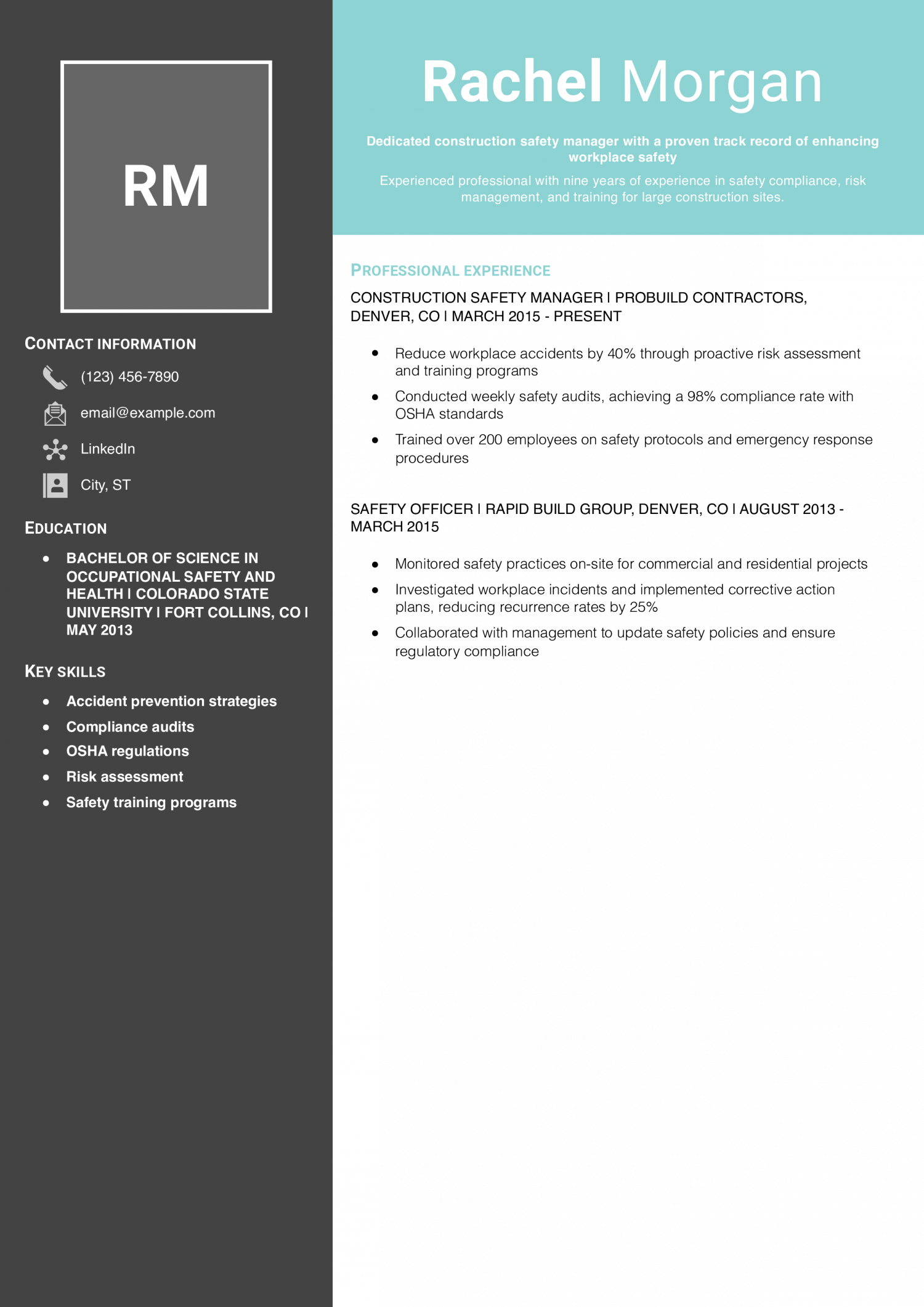 Construction Safety Manager Resume Example