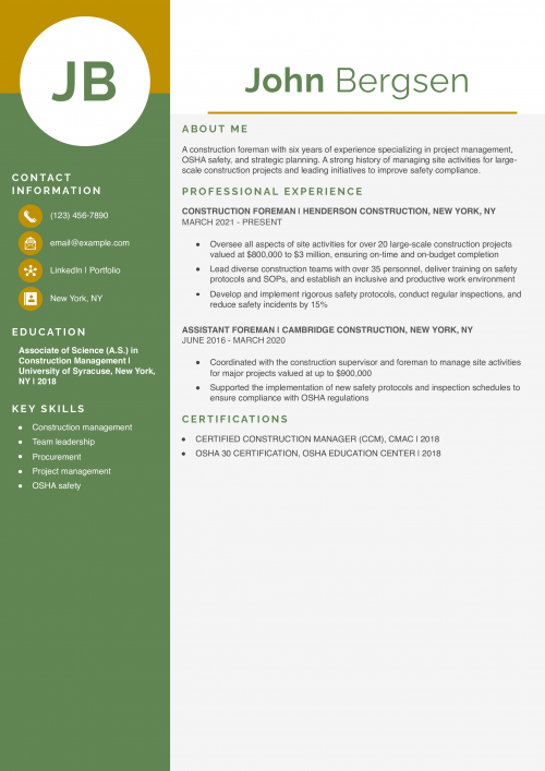 Construction Foreman Resume Example