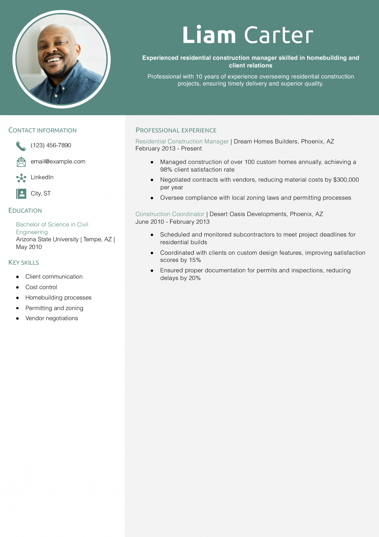 Residential Construction Manager Resume Example
