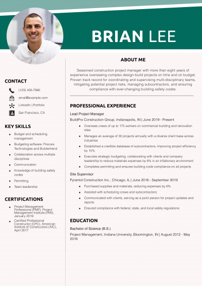 Construction Project Manager Resume Example