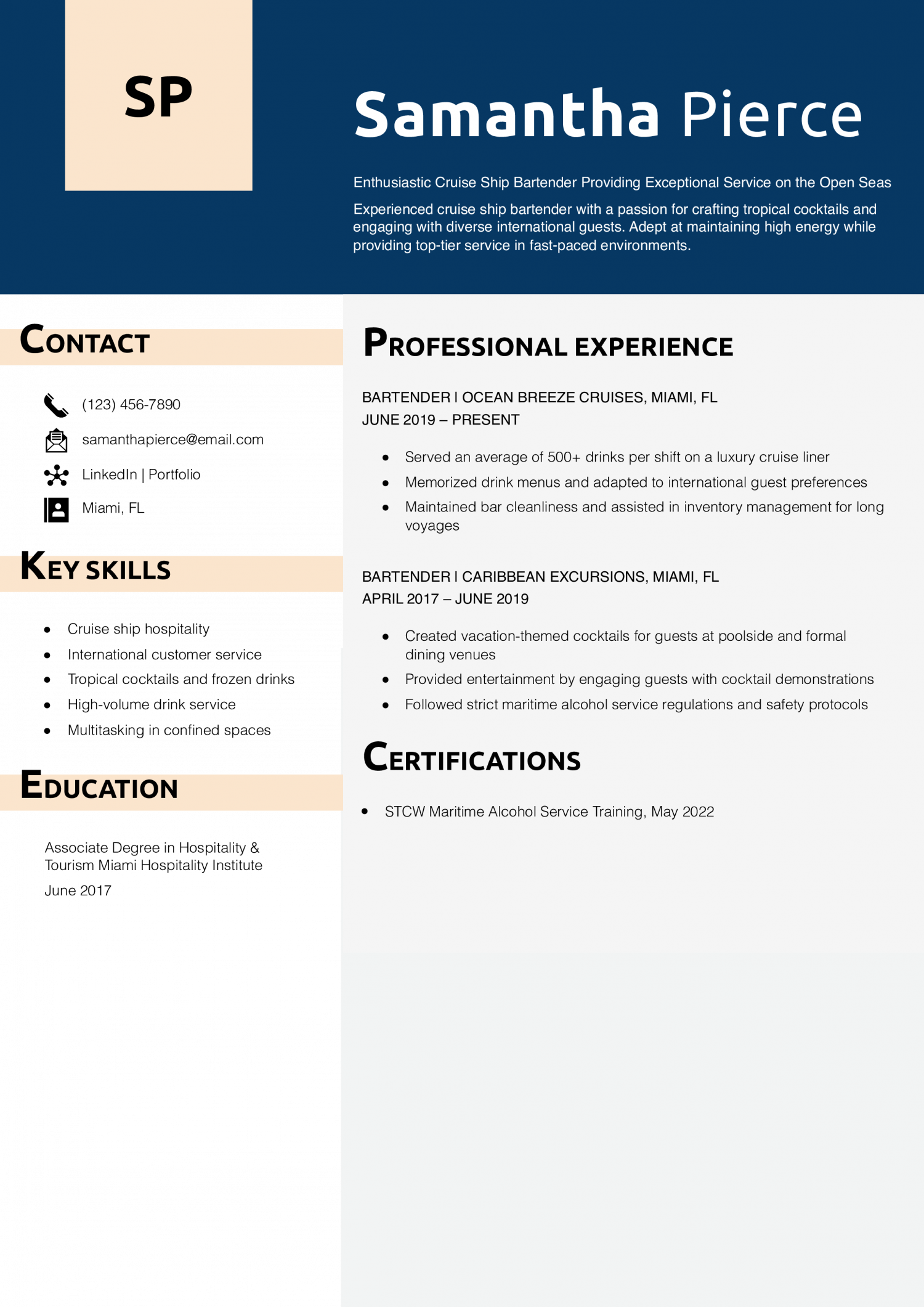 Cruise Ship Bartender Resume Example