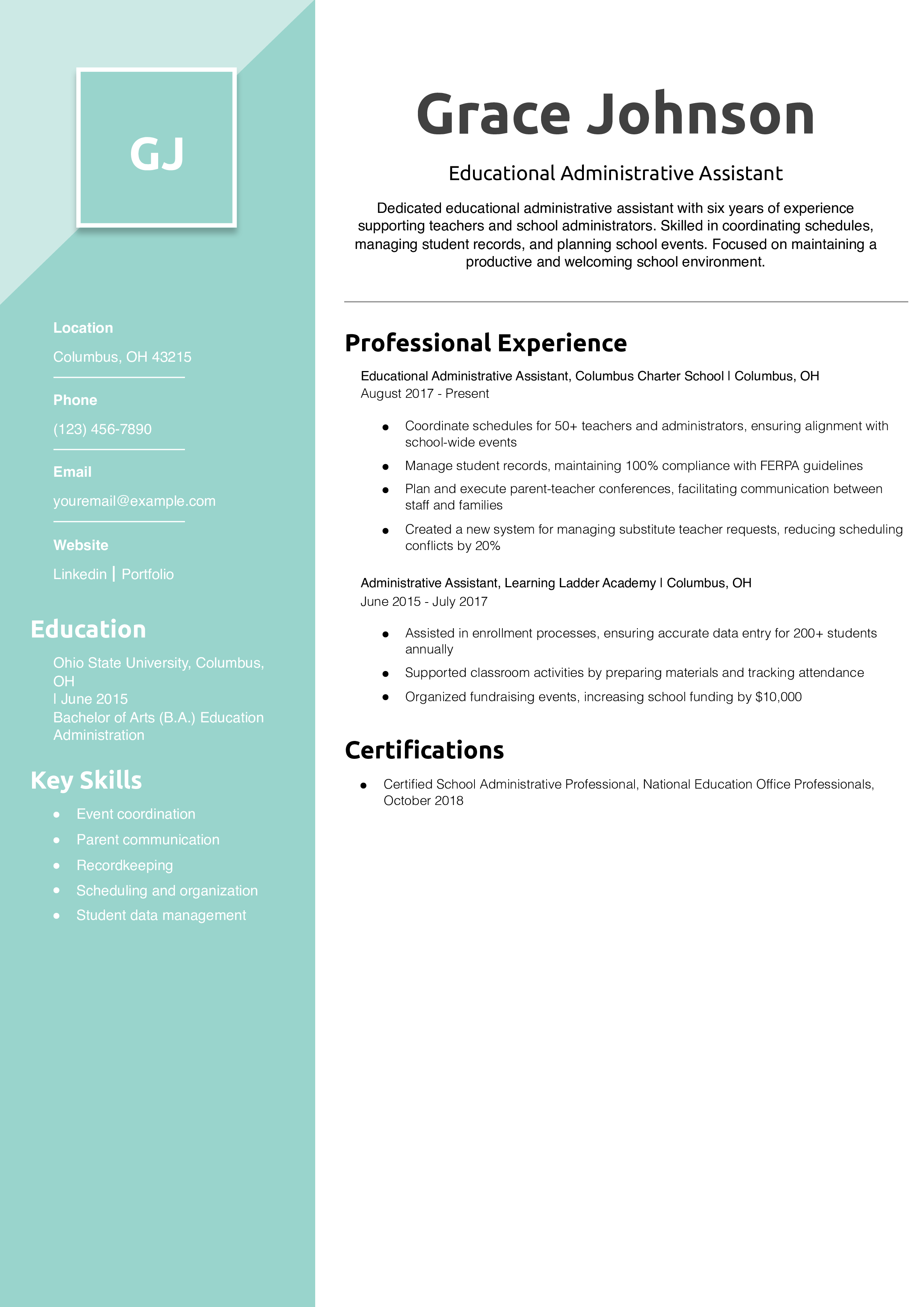Educational Administrative Assistant Resume Example