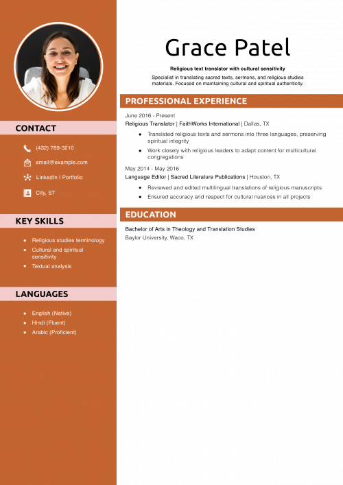 Religious Text Translator Resume Example