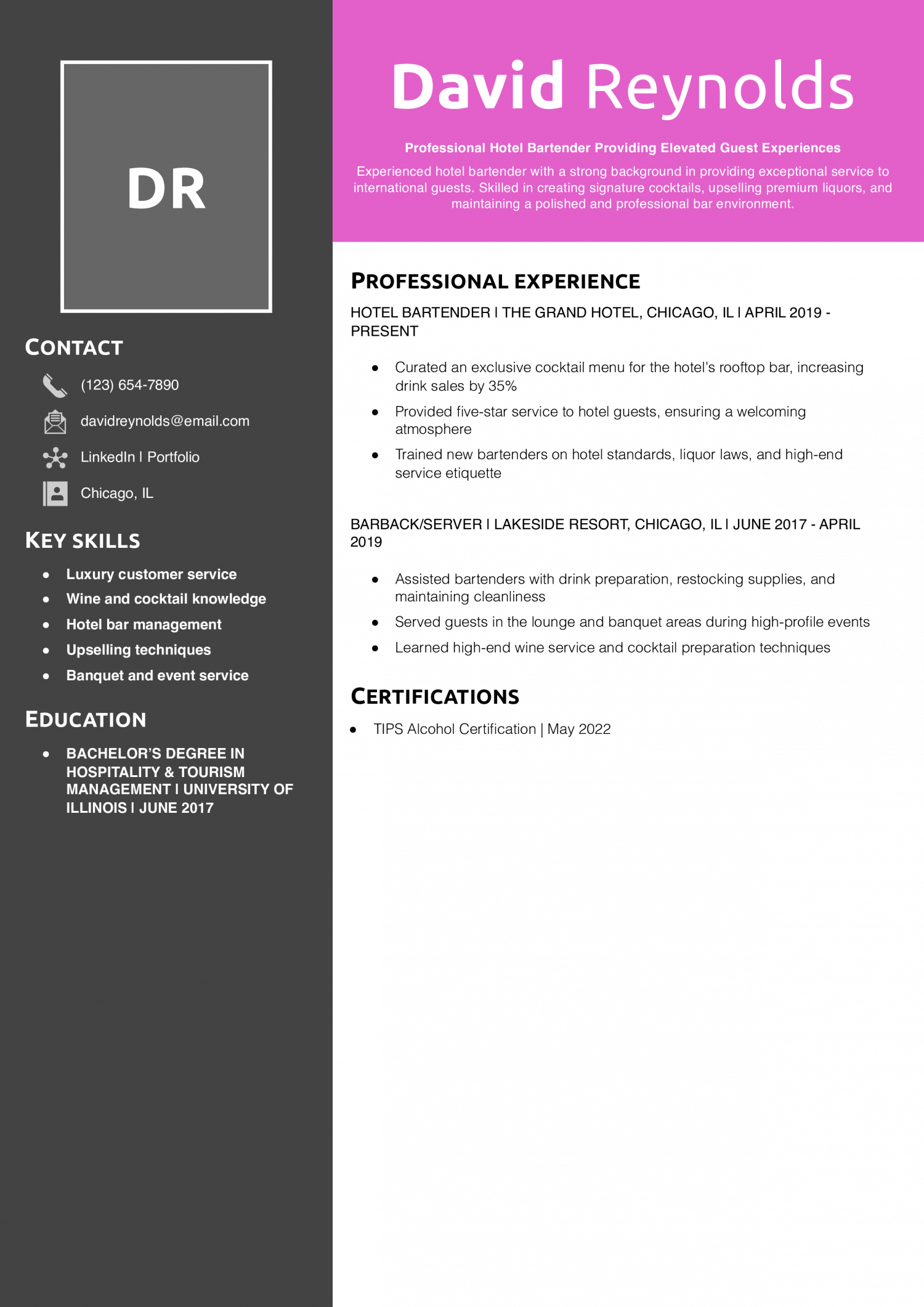 Hotel Bartender Resume Example
