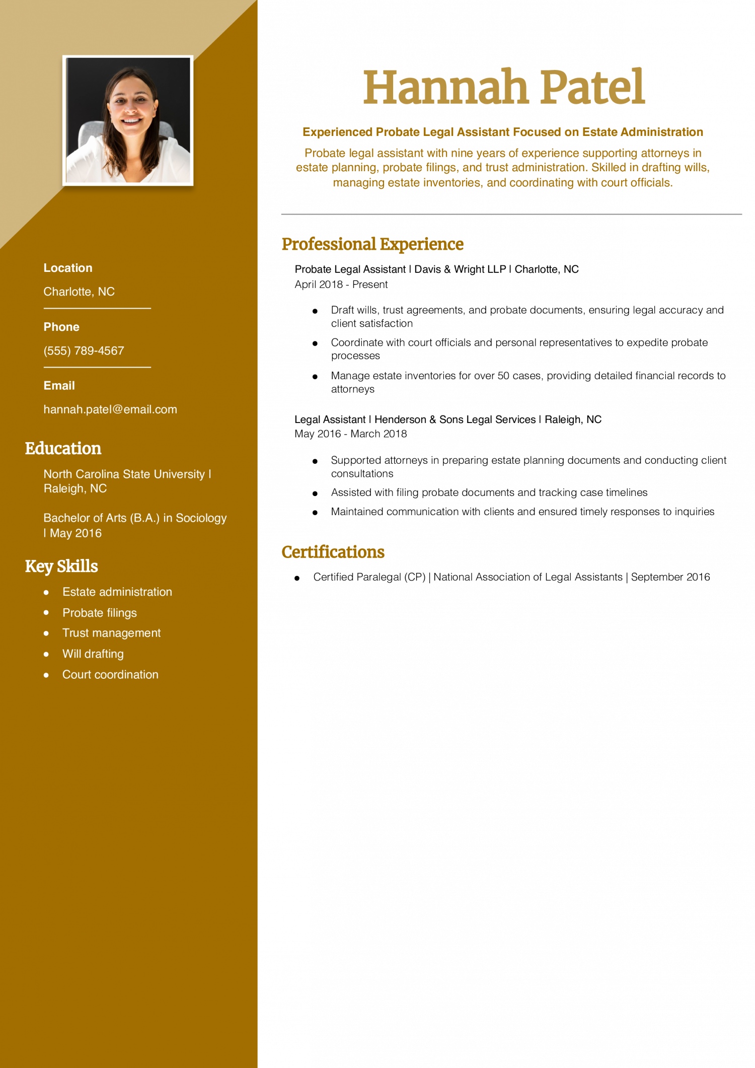 Probate Legal Assistant Resume Example
