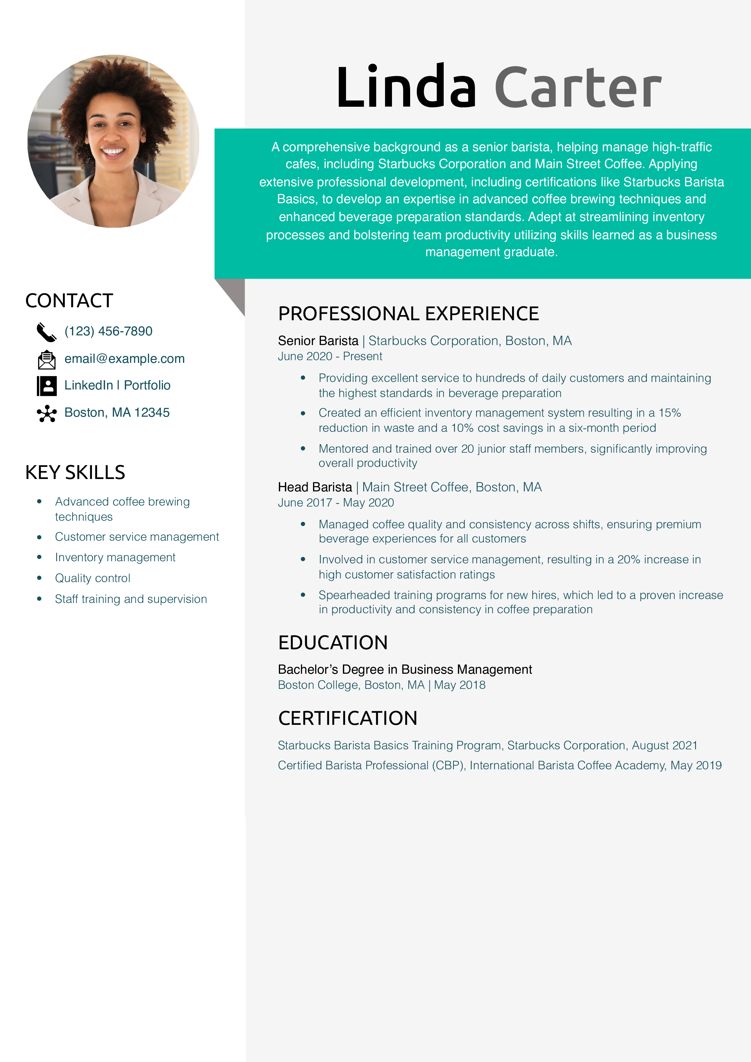 Senior-level Barista Resume Example