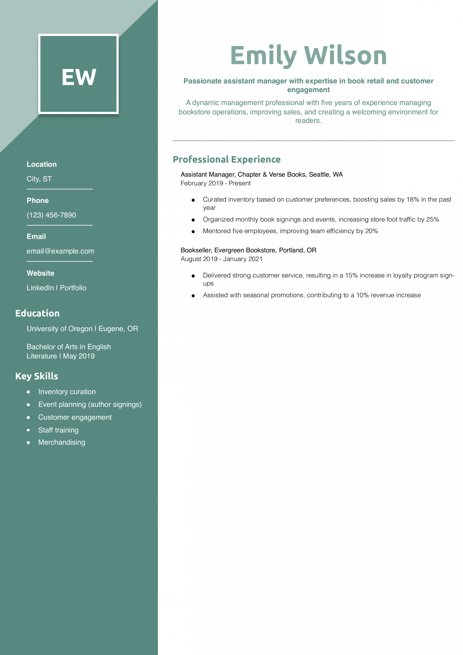 Bookstore Assistant Manager Resume Example