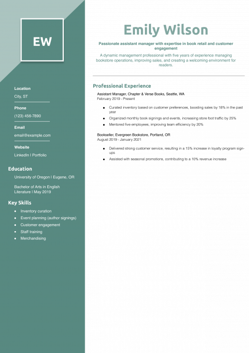 Bookstore Assistant Manager Resume Example