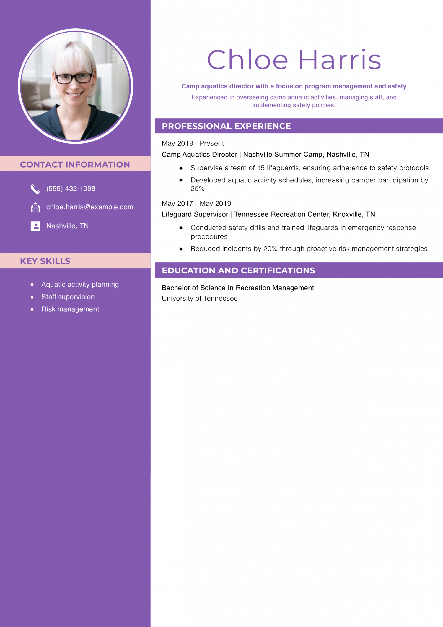 Camp Aquatics Director Resume Example