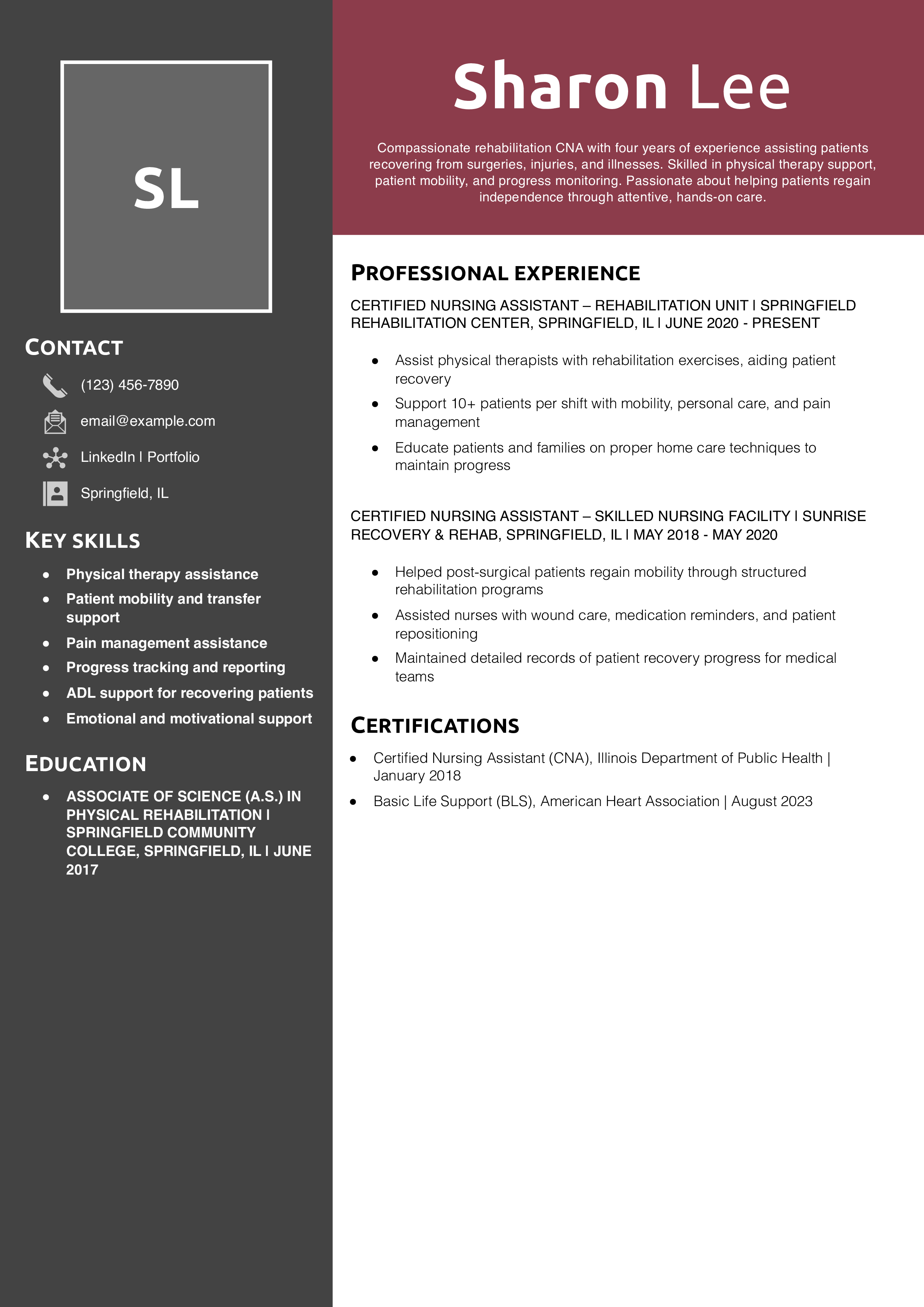 Rehabilitation Center CNA Resume
