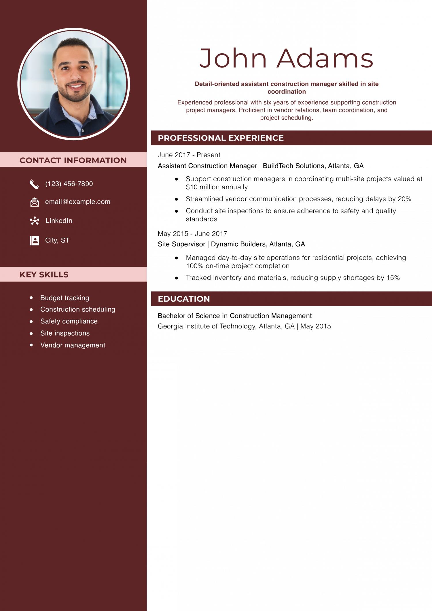 Senior Assistant Construction Manager Resume Example