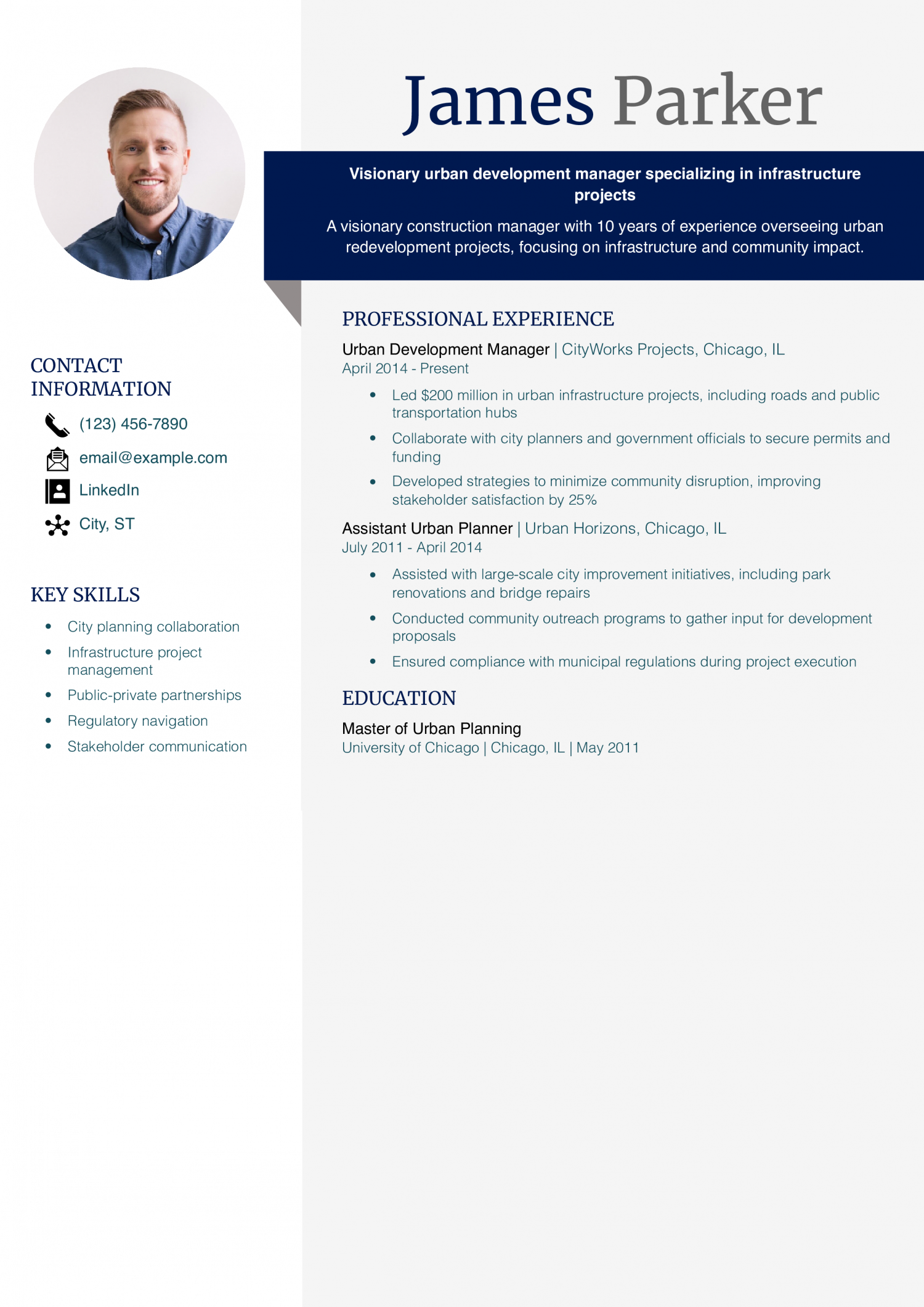Urban Development Manager Resume Example