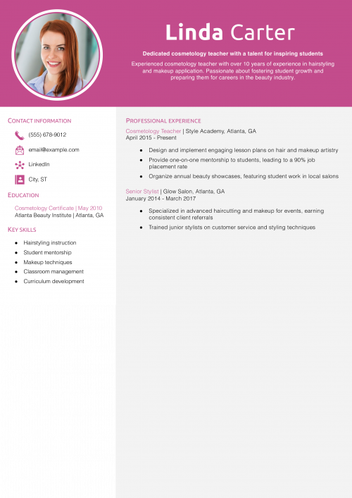 Technical Cosmetology Teacher Resume Example
