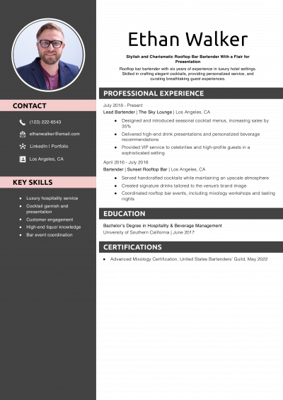 Hotel Rooftop Bar Bartender Resume Example