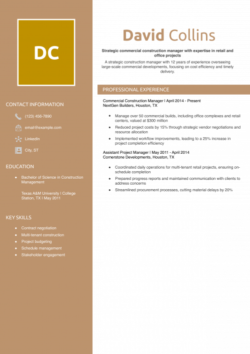 Commercial Construction Manager Resume Example