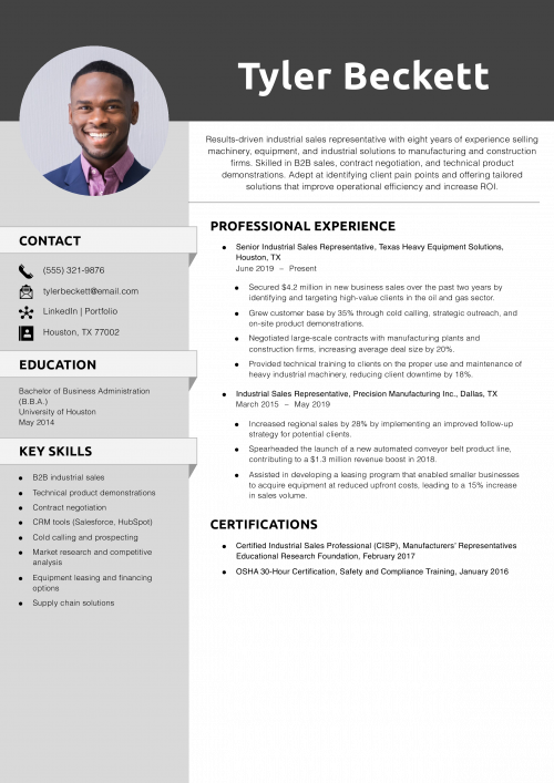  Industrial Sales Representative Resume Example
