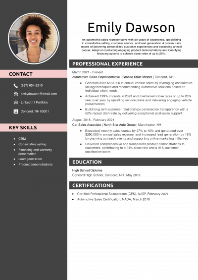Car Sales Representative Resume Example 