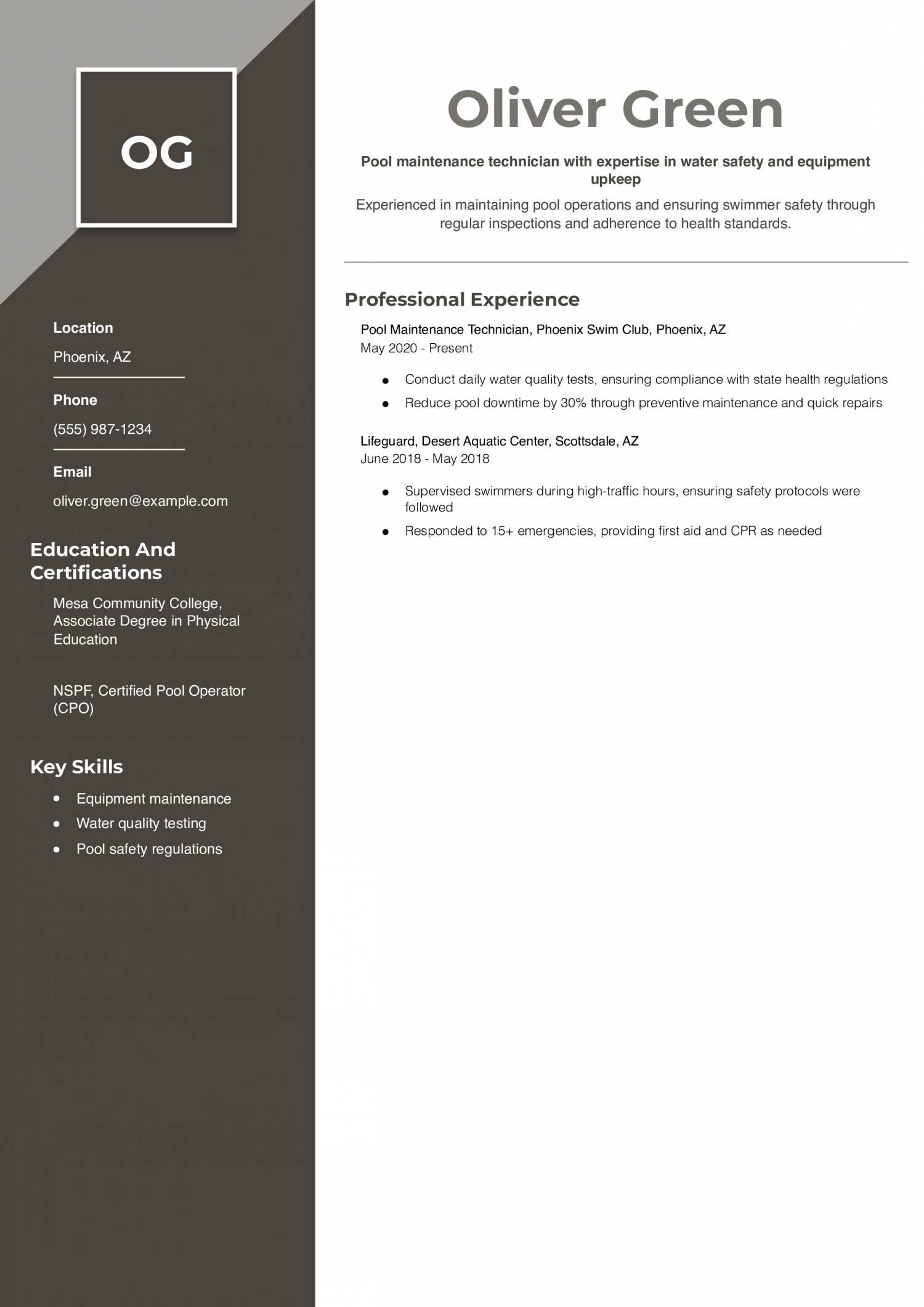 Pool Maintenance Technician Resume Example