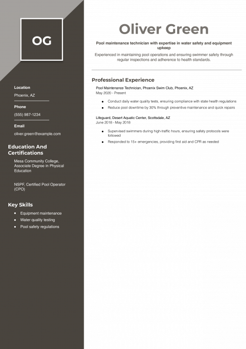 Pool Maintenance Technician Resume Example