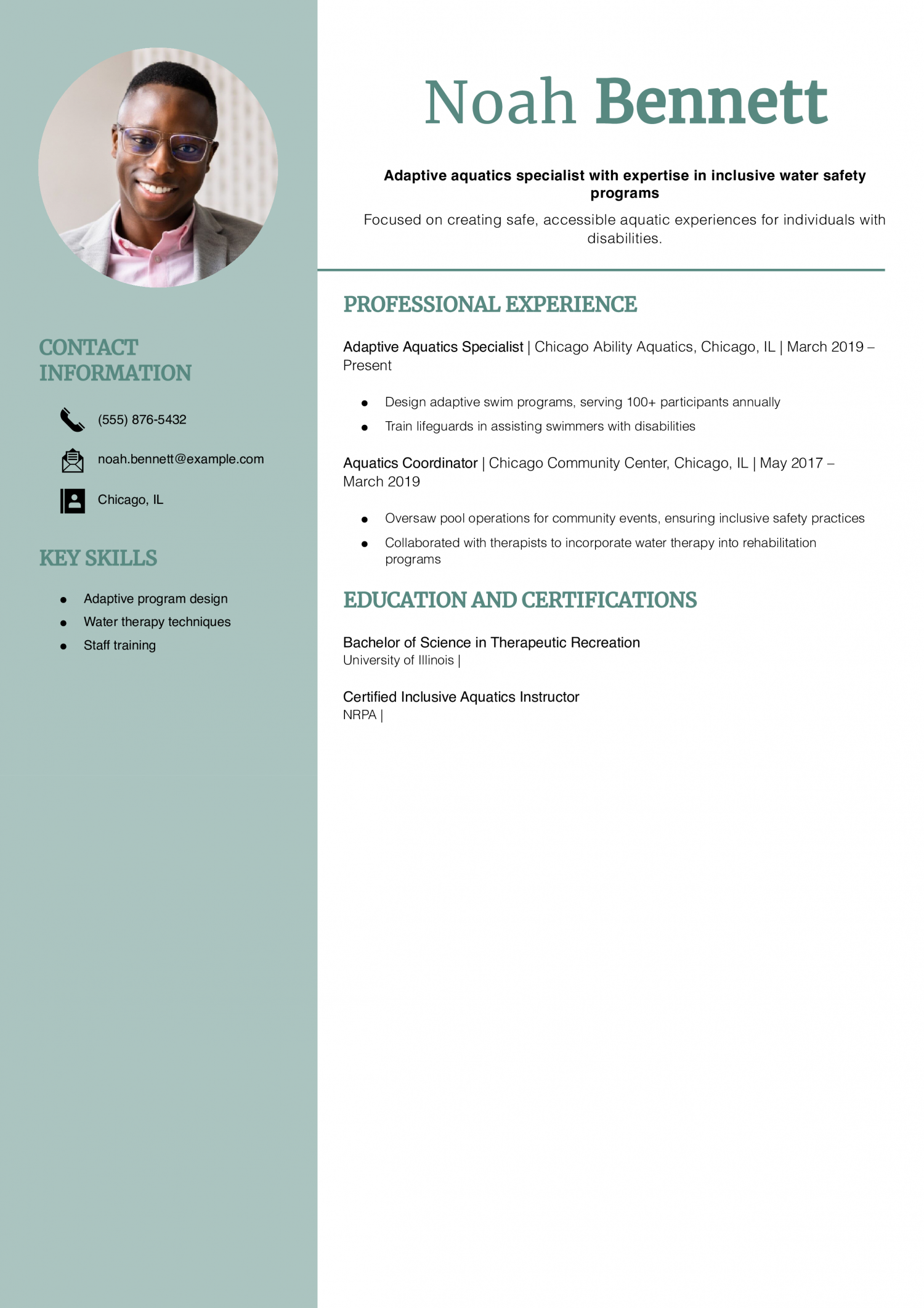 Adaptive Aquatics Specialist Resume Example