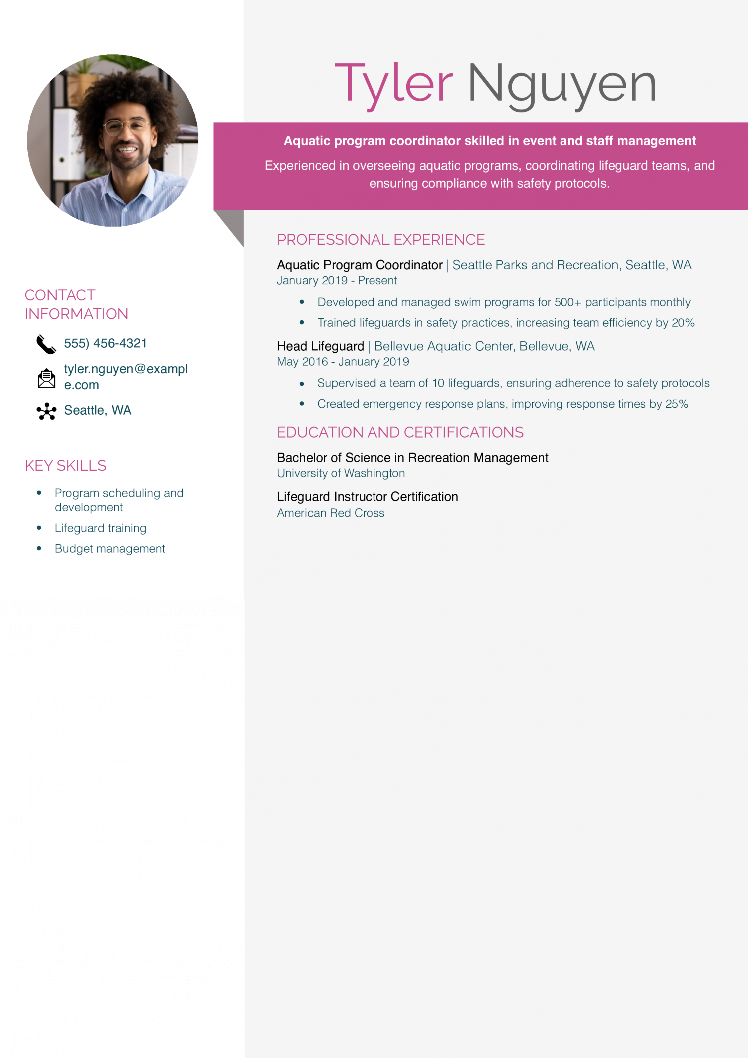 Aquatic Program Coordinator Resume Example