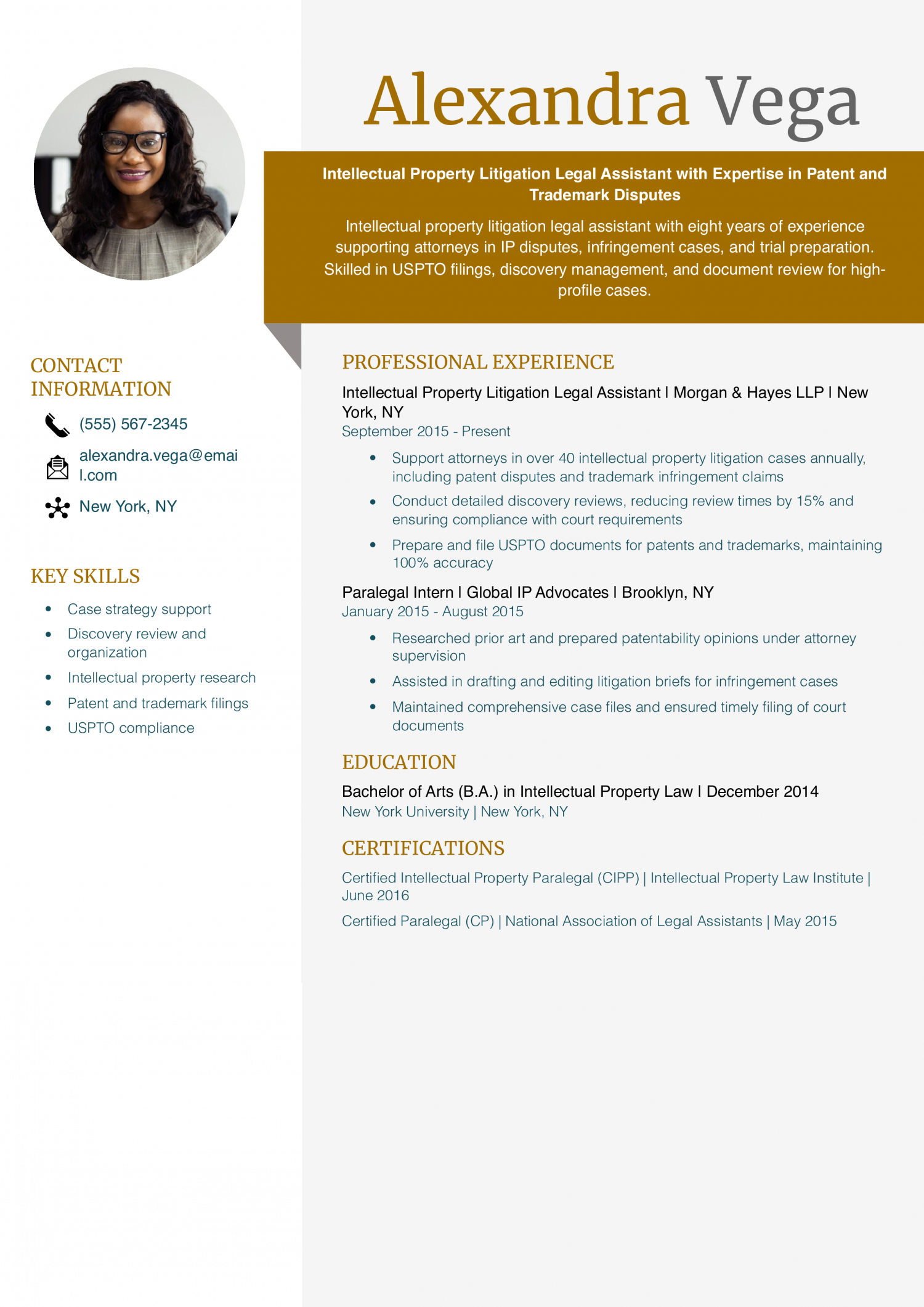 Intellectual Property Litigation Legal Assistant Resume Example