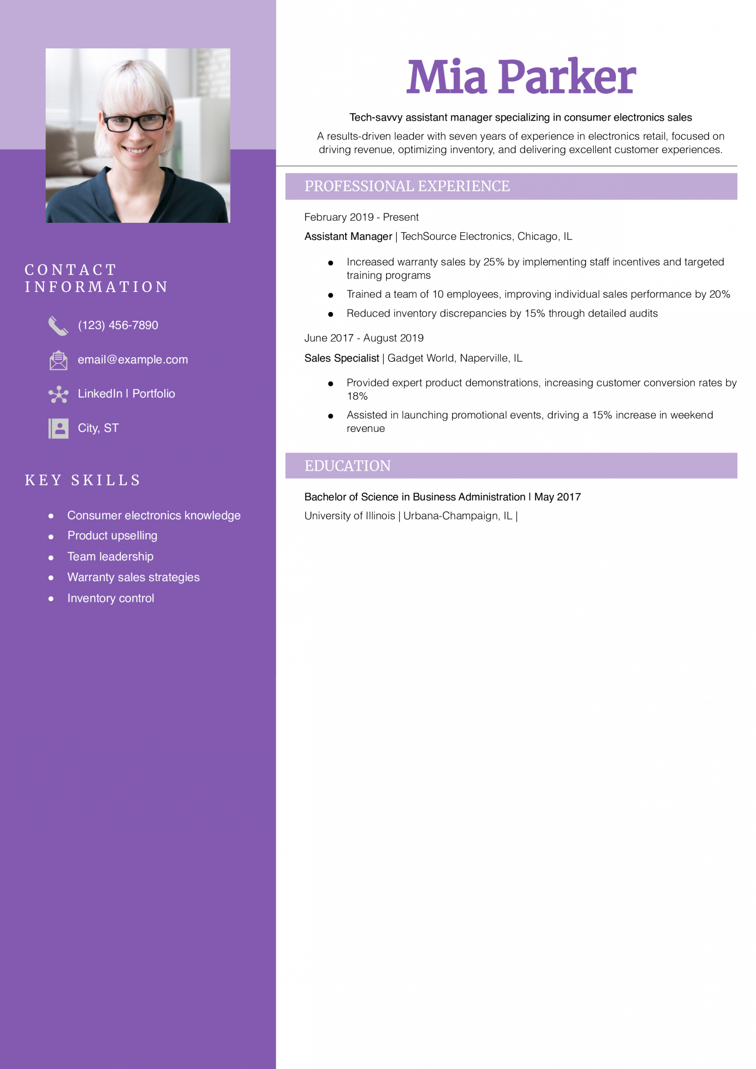 Electronics Store Assistant Manager Resume Example