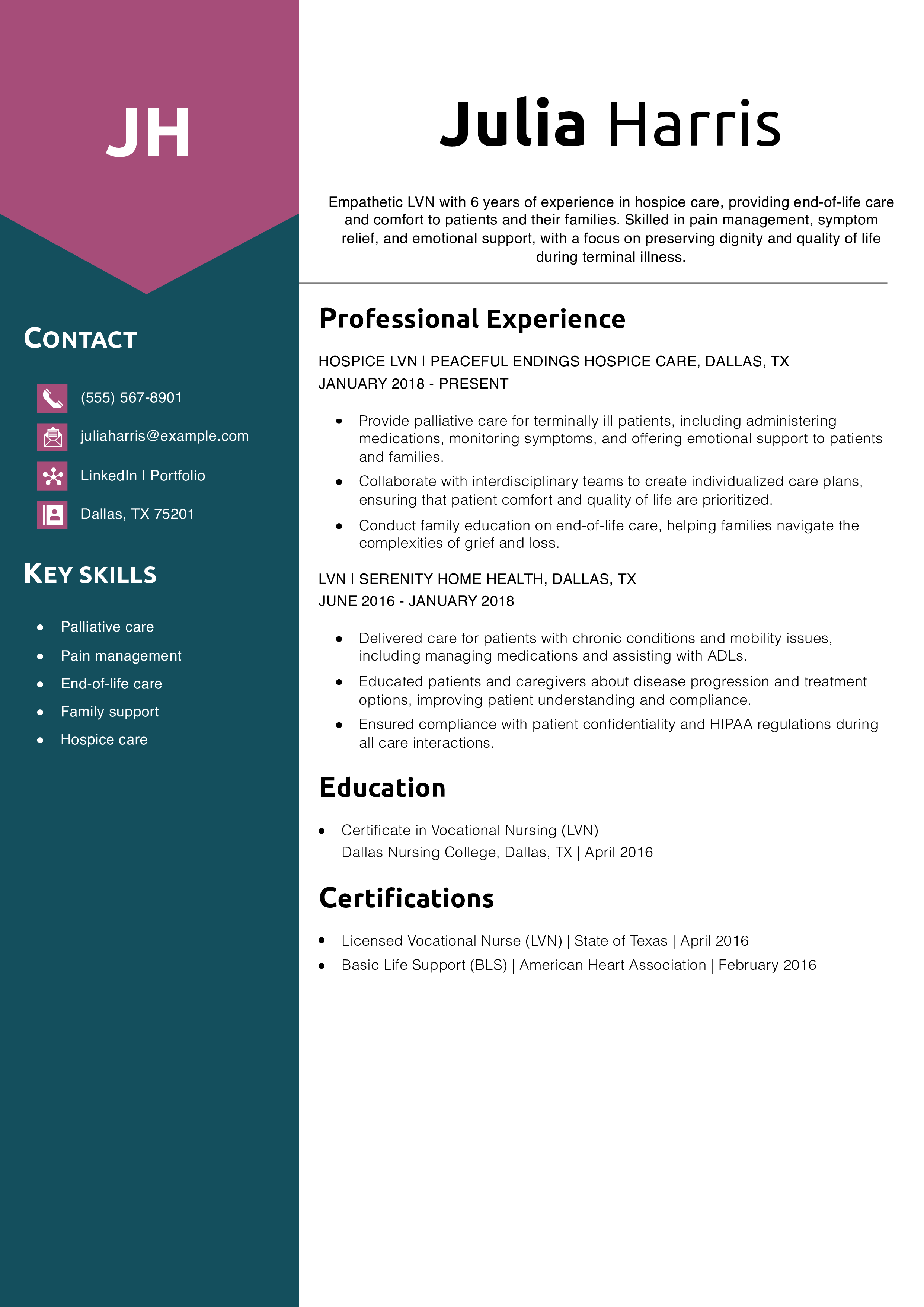 LVN – Hospice Care Resume Example