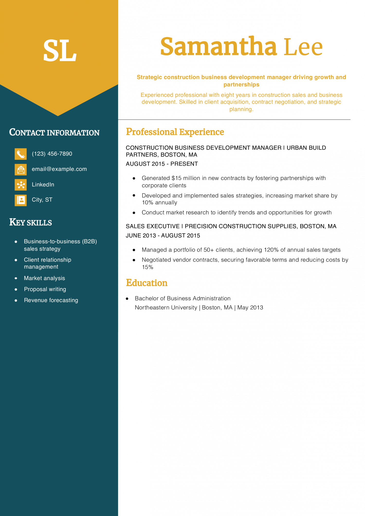 Construction Business Development Manager Resume Example