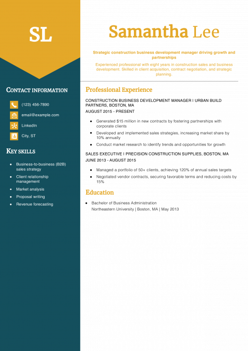 Construction Business Development Manager Resume Example