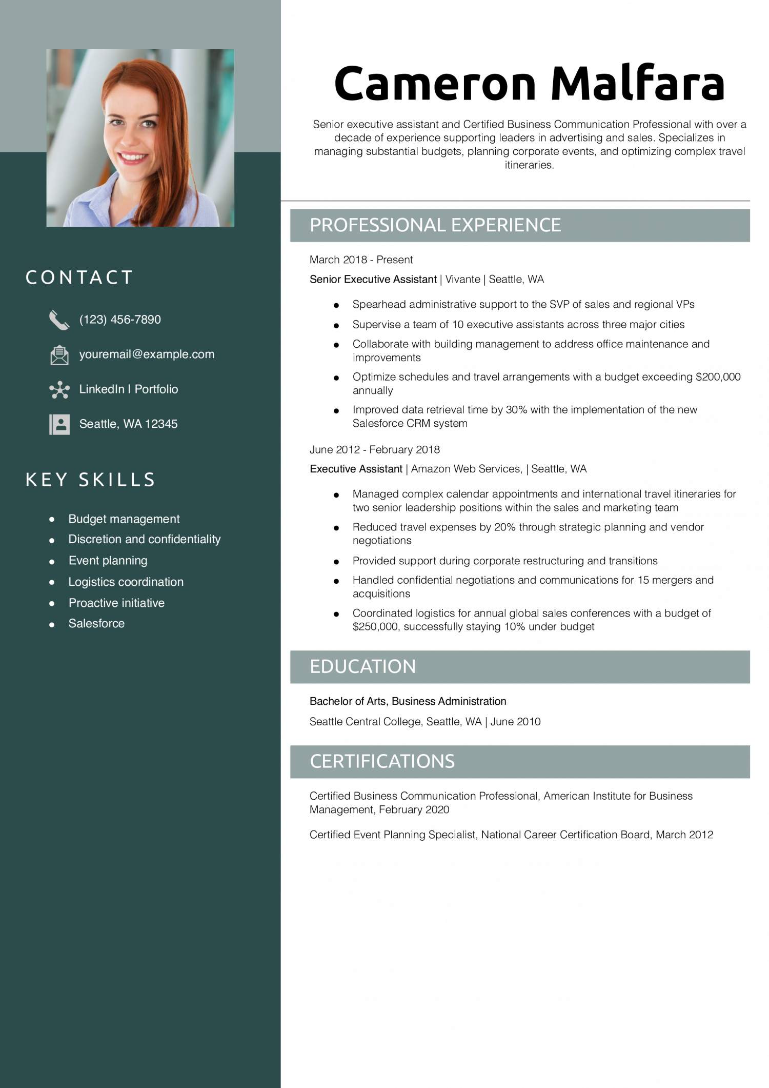 Senior Executive Assistant Resume Example