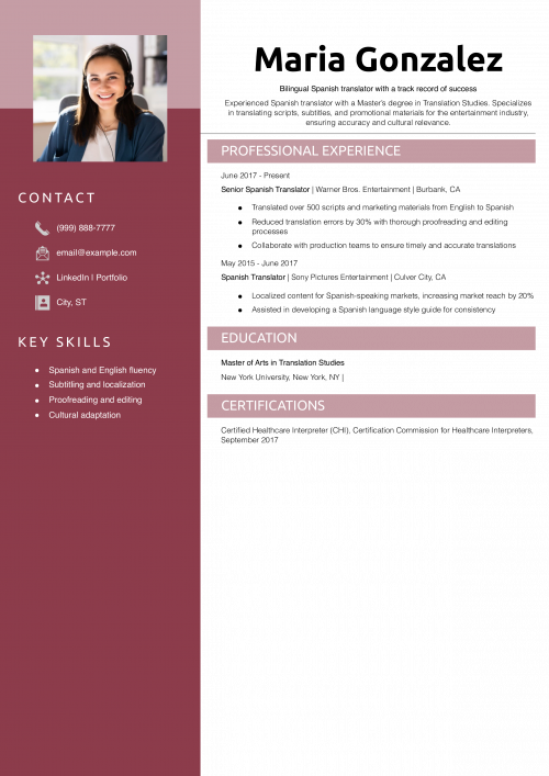 Spanish Translator Resume Example