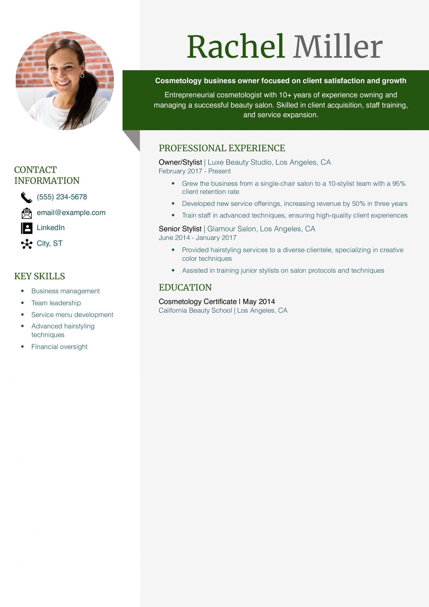 Cosmetology Business Owner Resume Example