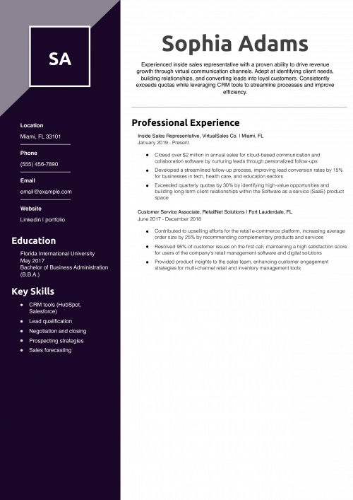  Inside Sales Representative Resume Example