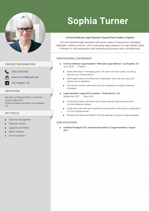 Criminal Defense Legal Assistant Resume Example