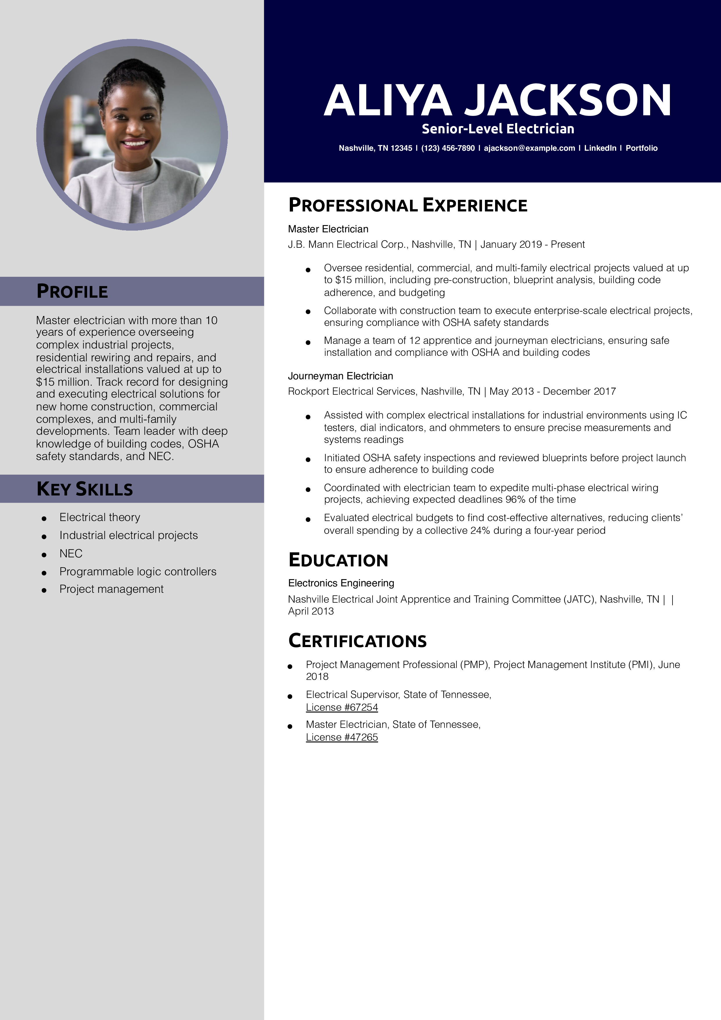Senior-Level Electrician Resume Example