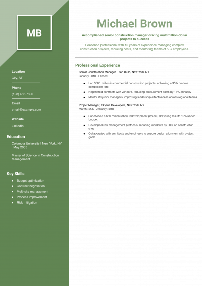 Senior Construction Manager Resume Example