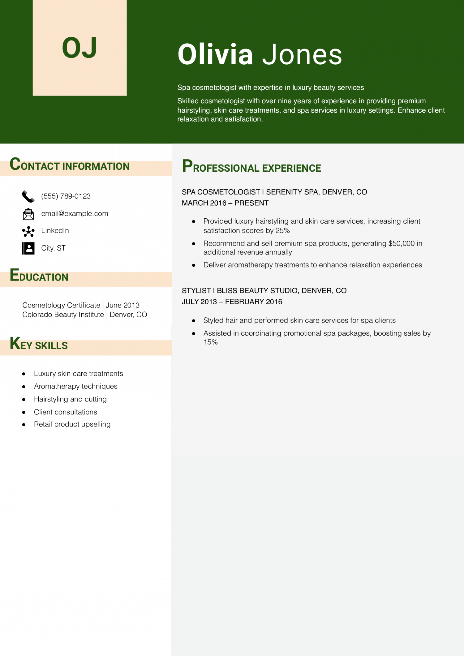 Spa Cosmetologist Resume Example