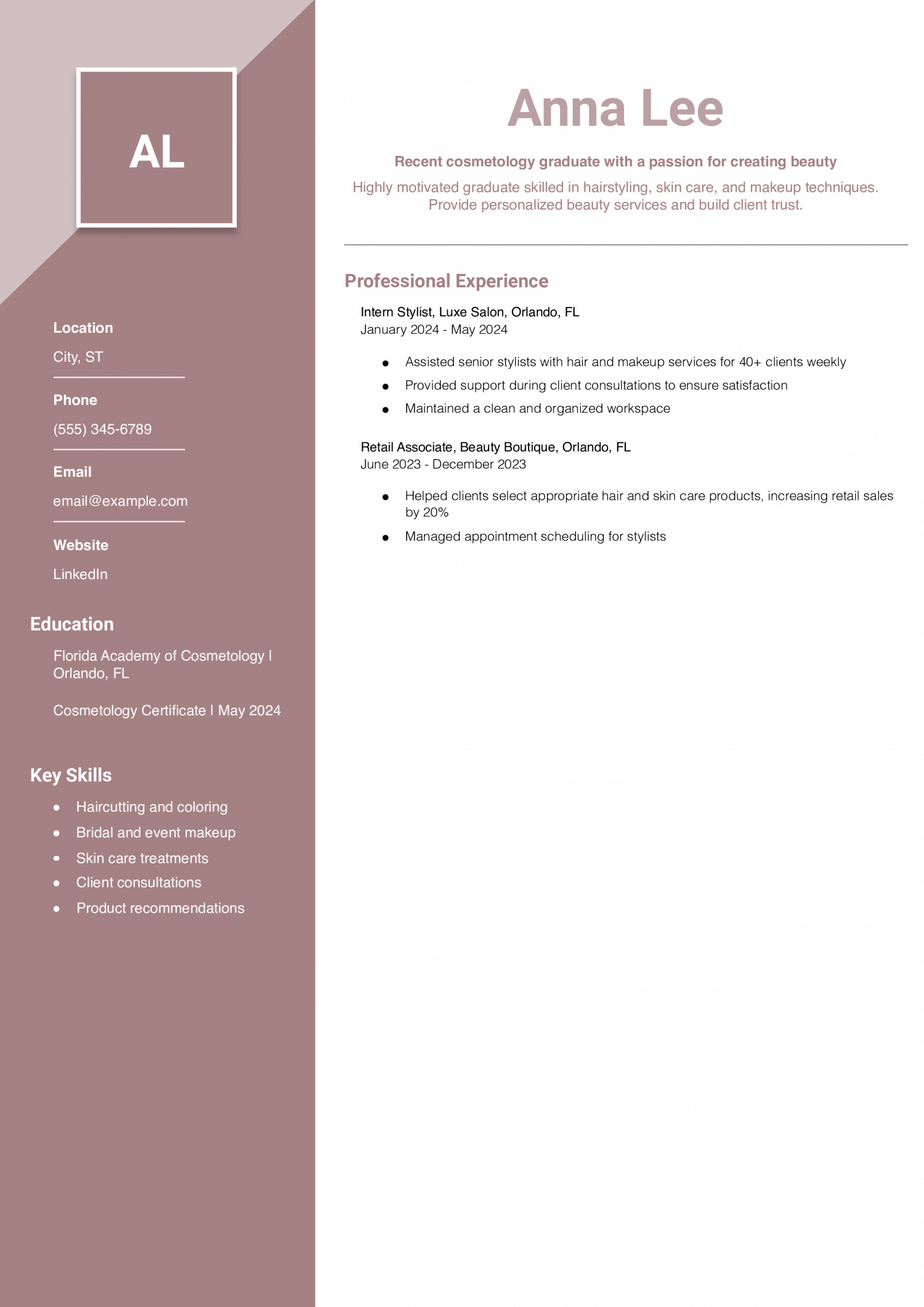 Cosmetology Graduate Resume Example